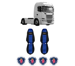 Set Huse Scaune Camion Tir SCANIA G I din 2003-2019, Auto, Model CLASSIC, Culoare Albastru, 4x Stickere auto cu SCANIA