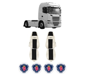 Set Huse Scaune Camion Tir SCANIA G I din 2003-2019, Auto, Model ELEGANCE Q, Culoare Bej, 4x Stickere auto cu SCANIA
