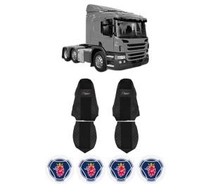 Set Huse Scaune Camion Tir SCANIA P I din 2003-2019, Auto, Model ELEGANCE Q, Culoare Negru, 4x Stickere auto cu SCANIA
