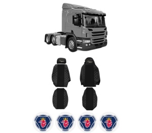 Set Huse Scaune Camion Tir SCANIA P I din 2003-2019, Auto, Model ELEGANCE Q, Culoare Negru, 4x Stickere auto cu SCANIA