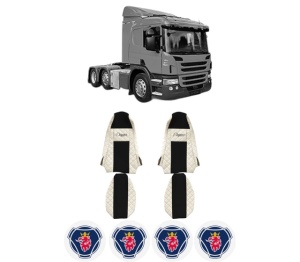 Set Huse Scaune Camion Tir SCANIA P I din 2003-2019, Auto, Model ELEGANCE Q, Culoare Bej, 4x Stickere auto cu SCANIA