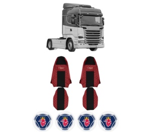 Set Huse Scaune Camion Tir SCANIA R I din 2004-2019, Auto, Model ELEGANCE Q, Culoare Rosu, 4x Stickere auto cu SCANIA