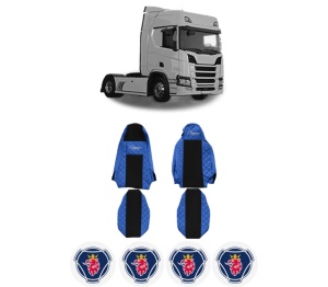 Set Huse Scaune Camion Tir SCANIA R II din 2016-2024, Auto, Model ELEGANCE Q, Culoare Albastru, 4x Stickere auto cu SCANIA