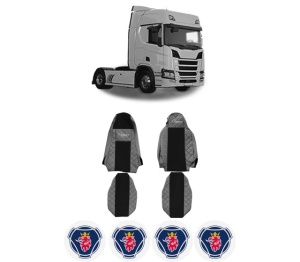 Set Huse Scaune Camion Tir SCANIA R II din 2016-2024, Auto, Model ELEGANCE Q, Culoare Gri, 4x Stickere auto cu SCANIA