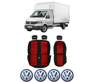 Set Huse Scaune Camion Tir VW TRANSPORTER T6 Van (SGA, SGH, SHA, SHH) din 2015-2024, Auto, Model CLASSIC, Culoare Rosu, 4x Stickere auto cu VW