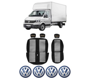 Set Huse Scaune Camion Tir VW TRANSPORTER T6 Van (SGA, SGH, SHA, SHH) din 2015-2024, Auto, Model CLASSIC, Culoare Rosu, 4x Stickere auto cu VW