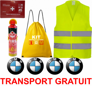 Set Kit siguranta auto cu saculet compact ce contine - Stingator spray 1kg, Trusa Medicala omolgata R.A.R, vesta reflectorizanta, stickere BMW , compatibil cu orice autoturism accesorii pentru autoturismul tau - masina v68300