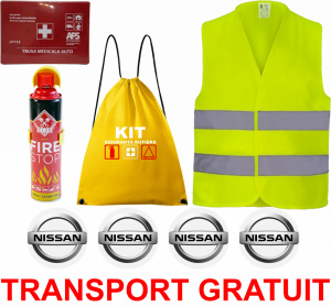 Set Kit siguranta auto cu saculet compact ce contine - Stingator spray 1kg, Trusa Medicala omolgata R.A.R, vesta reflectorizanta, stickere NISSAN , compatibil cu orice autoturism accesorii pentru autoturismul tau - masina v68220