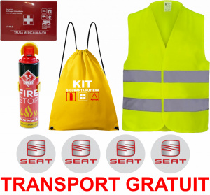 Set Kit siguranta auto cu saculet compact ce contine - Stingator spray 1kg, Trusa Medicala omolgata R.A.R, vesta reflectorizanta, stickere SEAT , compatibil cu orice autoturism accesorii pentru autoturismul tau - masina v68200