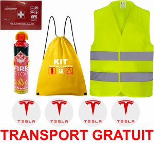 Set Kit siguranta auto cu saculet compact ce contine - Stingator spray 1kg, Trusa Medicala omolgata R.A.R, vesta reflectorizanta, stickere cadou TESLA , compatibil cu orice autoturism accesorii pentru autoturismul tau - masina v68180