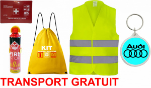 Set Kit siguranta auto cu saculet compact ce contine - Stingator spray 1kg, Trusa Medicala omolgata R.A.R, vesta reflectorizanta, Breloc cadou AUDI , compatibil cu orice autoturism accesorii pentru autoturismul tau - masina v68160