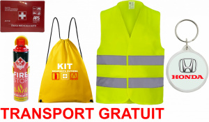 Set Kit siguranta auto cu saculet compact ce contine - Stingator spray 1kg, Trusa Medicala omolgata R.A.R, vesta reflectorizanta, Breloc cadou HONDA , compatibil cu orice autoturism accesorii pentru autoturismul tau - masina v68120