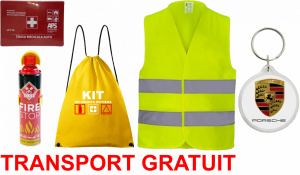 Set Kit siguranta auto cu saculet compact ce contine - Stingator spray 1kg, Trusa Medicala omolgata R.A.R, vesta reflectorizanta, Breloc cadou PORSCHE , compatibil cu orice autoturism accesorii pentru autoturismul tau - masina v68060