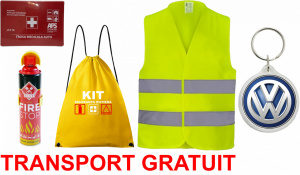 Set Kit siguranta auto cu saculet compact ce contine - Stingator spray 1kg, Trusa Medicala omolgata R.A.R, vesta reflectorizanta, Breloc cadou VOLKSWAGEN , compatibil cu orice autoturism accesorii pentru autoturismul tau - masina v68020
