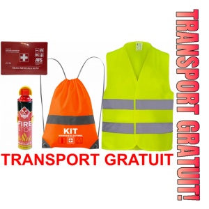 Set Kit siguranta auto cu saculet compact ce contine - Stingator spray 1kg, Trusa Medicala omolgata R.A.R, vesta reflectorizanta compatibil cu orice autoturism