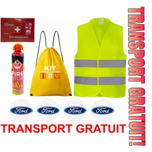 Set Kit siguranta auto cu saculet compact ce contine - Stingator spray 1kg, Trusa Medicala omolgata R.A.R, vesta reflectorizanta, stickere FORD , compatibil cu orice autoturism