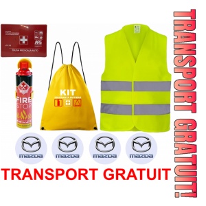Set Kit siguranta auto cu saculet compact ce contine - Stingator spray 1kg, Trusa Medicala omolgata R.A.R, vesta reflectorizanta, stickere MAZDA , compatibil cu orice autoturism
