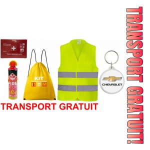 Set Kit siguranta auto cu saculet compact ce contine - Stingator spray 1kg, Trusa Medicala omolgata R.A.R, vesta reflectorizanta, Breloc cadou CHEVROLET , compatibil cu orice autoturism