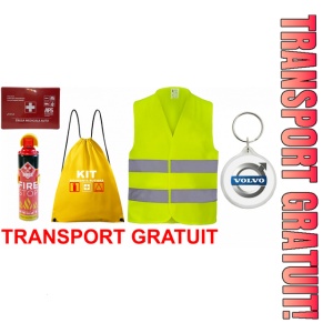 Set Kit siguranta auto cu saculet compact ce contine - Stingator spray 1kg, Trusa Medicala omolgata R.A.R, vesta reflectorizanta, Breloc cadou VOLVO , compatibil cu orice autoturism