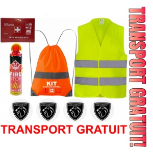 Set Kit siguranta auto cu saculet compact ce contine - Stingator spray 1kg, Trusa Medicala omolgata R.A.R, Vesta Reflectorizanta, Stickere Cadou PEUGEOT, compatibil cu orice autoturism