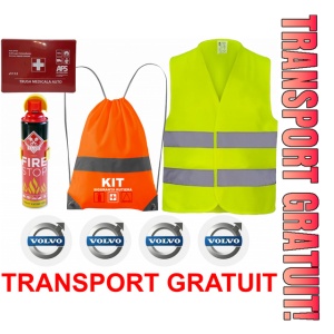 Set Kit siguranta auto cu saculet compact ce contine - Stingator spray 1kg, Trusa Medicala omolgata R.A.R, Vesta Reflectorizanta, Stickere Cadou VOLVO, compatibil cu orice autoturism