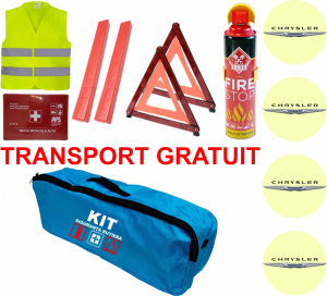 Set Kit siguranta auto omologat R.A.R, Stingator cu manometru 1kg P1 , Trusa Medicala, 2 Triunghiuri Reflectorizante, Stickere Cadou CHRYSLER, geanta color - albastra - kit compatibil cu orice autoturism accesorii pentru autoturismul tau - masina v66002