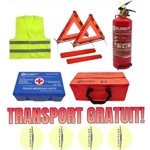 Set Kit siguranta auto omologat R.A.R, Stingator cu manometru 1kg P1 , Trusa Medicala, 2 Triunghiuri Reflectorizante, Stickere Cadou CHRYSLER, geanta color - albastra - kit compatibil cu orice autoturism