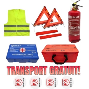Set Kit siguranta auto omologat R.A.R, Stingator cu manometru 1kg P1 , Trusa Medicala, 2 Triunghiuri Reflectorizante, geanta color - albastra + Stickere Cadou DODGE- kit compatibil cu orice autoturism