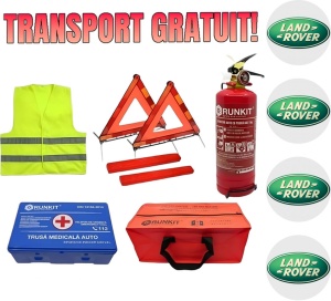 Set Kit siguranta auto omologat R.A.R, Stingator cu manometru 1kg P1 , Trusa Medicala, 2 Triunghiuri Reflectorizante, geanta color - albastra + Stickere Cadou LAND ROVER- kit compatibil cu orice autoturism