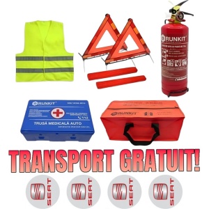 Set Kit siguranta auto omologat R.A.R, Stingator cu manometru 1kg P1 , Trusa Medicala, 2 Triunghiuri Reflectorizante, geanta color - albastra + Stickere Cadou SEAT- kit compatibil cu orice autoturism