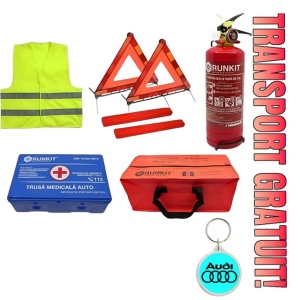 Set Kit siguranta auto omologat R.A.R, Stingator cu manometru 1kg P1 , Trusa Medicala, 2 Triunghiuri Reflectorizante, geanta color - albastra + Breloc Cadou AUDI - kit compatibil cu orice autoturism