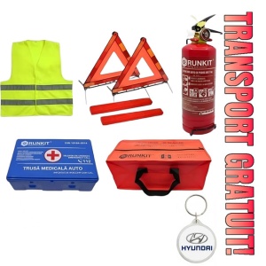 Set Kit siguranta auto omologat R.A.R, Stingator cu manometru 1kg P1 , Trusa Medicala, 2 Triunghiuri Reflectorizante, geanta color - albastra + Breloc Cadou Hyundai- kit compatibil cu orice autoturism