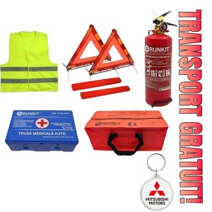 Set Kit siguranta auto omologat R.A.R, Stingator cu manometru 1kg P1 , Trusa Medicala, 2 Triunghiuri Reflectorizante, geanta color - albastra + Breloc Cadou Mitsubishi- kit compatibil cu orice autoturism