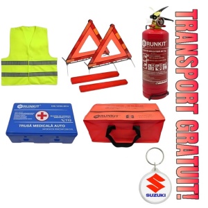 Set Kit siguranta auto omologat R.A.R, Stingator cu manometru 1kg P1 , Trusa Medicala, 2 Triunghiuri Reflectorizante, geanta color - albastra + Breloc Cadou SUZUKI- kit compatibil cu orice autoturism