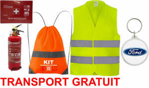 Set Kit siguranta auto OMOLOGAT RAR cu saculet compact ce contine - Stingator cu manometru P1 1kg, Trusa Medicala , Vesta Reflectorizanta, Breloc Cadou Ford. Compatibilitate cu orice autoturism accesorii pentru autoturismul tau - masina v67161
