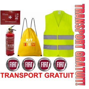 Set Kit siguranta auto OMOLOGAT RAR cu saculet compact ce contine - Stingator cu manometru P1 1kg, Trusa Medicala , Vesta Reflectorizanta, Stickere Cadou FIAT. Compatibil cu orice autoturism.