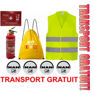 Set Kit siguranta auto OMOLOGAT RAR cu saculet compact ce contine - Stingator cu manometru P1 1kg, Trusa Medicala , Vesta Reflectorizanta, Stickere Cadou MAN. Compatibil cu orice autoturism.