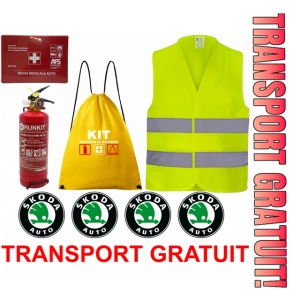 Set Kit siguranta auto OMOLOGAT RAR cu saculet compact ce contine - Stingator cu manometru P1 1kg, Trusa Medicala , Vesta Reflectorizanta, Stickere Cadou SKODA. Compatibil cu orice autoturism.