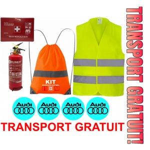 Set Kit siguranta auto OMOLOGAT RAR cu saculet compact ce contine - Stingator cu manometru P1 1kg, Trusa Medicala , Vesta Reflectorizanta, Stickere Cadou AUDI . Compatibilitate cu orice autoturism