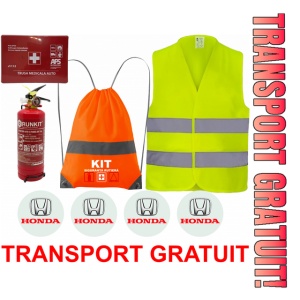 Set Kit siguranta auto OMOLOGAT RAR cu saculet compact ce contine - Stingator cu manometru P1 1kg, Trusa Medicala , Vesta Reflectorizanta, Stickere Cadou HONDA. Compatibilitate cu orice autoturism
