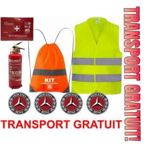 Set Kit siguranta auto OMOLOGAT RAR cu saculet compact ce contine - Stingator cu manometru P1 1kg, Trusa Medicala , Vesta Reflectorizanta, Stickere Cadou MERCEDES. Compatibilitate cu orice autoturism