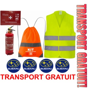 Set Kit siguranta auto OMOLOGAT RAR cu saculet compact ce contine - Stingator cu manometru P1 1kg, Trusa Medicala , Vesta Reflectorizanta, Stickere Cadou SUBARU. Compatibilitate cu orice autoturism