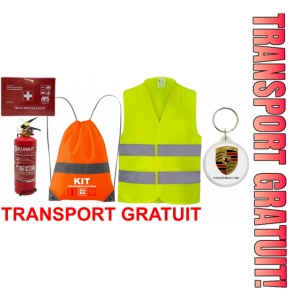 Set Kit siguranta auto OMOLOGAT RAR cu saculet compact ce contine - Stingator cu manometru P1 1kg, Trusa Medicala , Vesta Reflectorizanta, Breloc Cadou PORSCHE. Compatibilitate cu orice autoturism