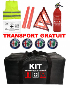 Set Kit - Trusa siguranta auto omologat R.A.R, Stingator cu manometru 1kg P1 , Trusa Medicala, 2 Triunghiuri Reflectorizante , 4 stickere autoadezive Alfa Romeo accesorii pentru autoturismul tau - masina v93058