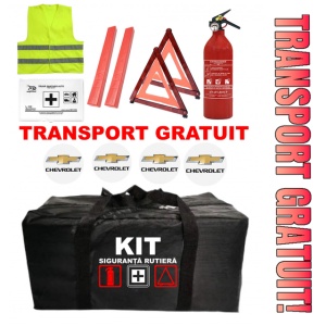Set Kit - Trusa siguranta auto omologat R.A.R, Stingator cu manometru 1kg P1 , Trusa Medicala, 2 Triunghiuri Reflectorizante , 4 stickere autoadezive Chevrolet
