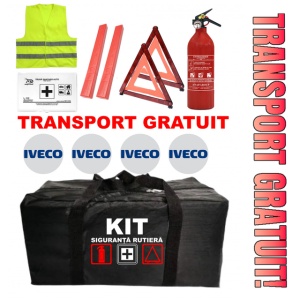 Set Kit - Trusa siguranta auto omologat R.A.R, Stingator cu manometru 1kg P1 , Trusa Medicala, 2 Triunghiuri Reflectorizante , 4 stickere autoadezive IVECO