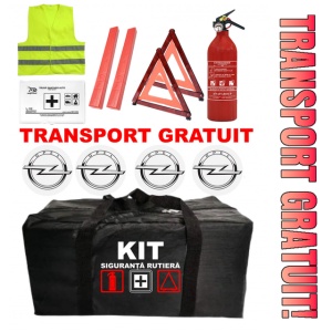 Set Kit - Trusa siguranta auto omologat R.A.R, Stingator cu manometru 1kg P1 , Trusa Medicala, 2 Triunghiuri Reflectorizante , 4 stickere autoadezive Opel