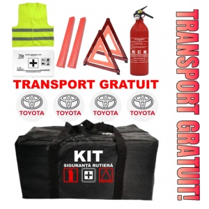 Set Kit - Trusa siguranta auto omologat R.A.R, Stingator cu manometru 1kg P1 , Trusa Medicala, 2 Triunghiuri Reflectorizante , 4 stickere autoadezive Toyota