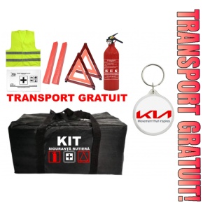 Set Kit - Trusa siguranta auto omologat R.A.R, Stingator cu manometru 1kg P1 , Trusa Medicala, 2 Triunghiuri Reflectorizante , 1 Breloc KIA