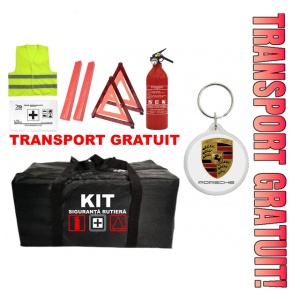 Set Kit - Trusa siguranta auto omologat R.A.R, Stingator cu manometru 1kg P1 , Trusa Medicala, 2 Triunghiuri Reflectorizante , 1 Breloc PORSCHE